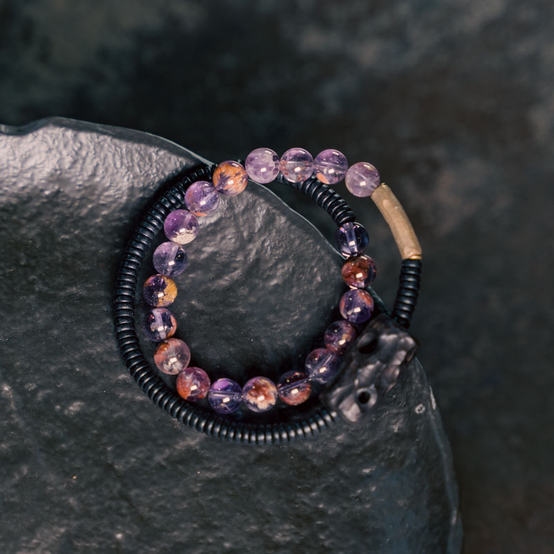 Vintage Purple Ghost Crystal Bracelet with Black Sandalwood Beads - Unisex Versatile Accessory for Men and Women