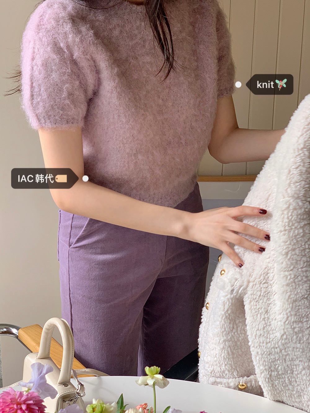 Vintage Purple Short-Sleeve Knitted Top in Wool - Korean Style Fashion, Perfect for 90s Inspired Outfits Vintage Purple Short-Sleeve Knitted Top in Wool - Korean Style Fashion, Perfect for 90s Inspired Outfits