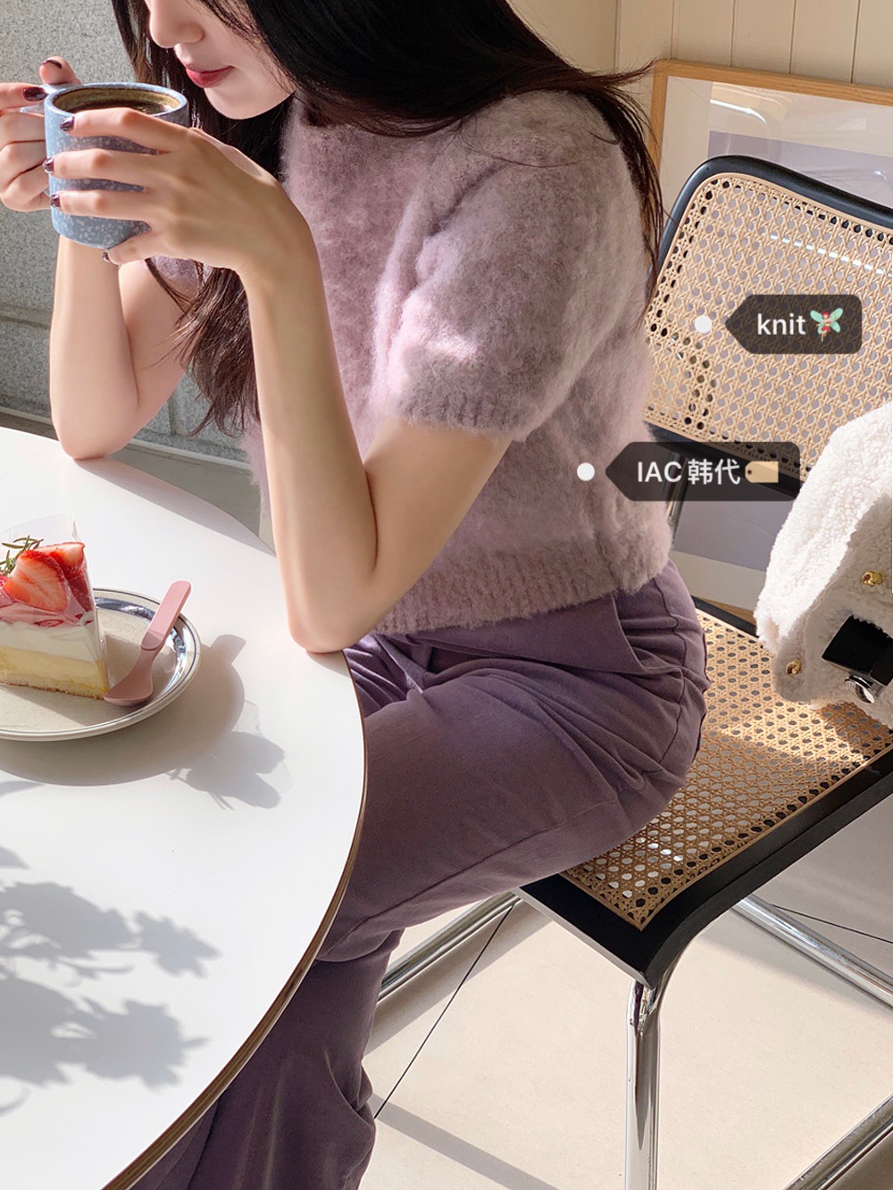 Vintage Purple Short-Sleeve Knitted Top in Wool - Korean Style Fashion, Perfect for 90s Inspired Outfits Vintage Purple Short-Sleeve Knitted Top in Wool - Korean Style Fashion, Perfect for 90s Inspired Outfits