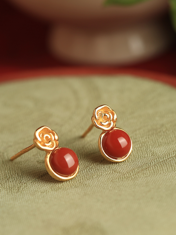 Vintage Red Agate Rose Flower Stud Earrings in Pure Silver, National Style Light Luxury Jewelry for Women Vintage Red Agate Rose Flower Stud Earrings in Pure Silver, National Style Light Luxury Jewelry for Women