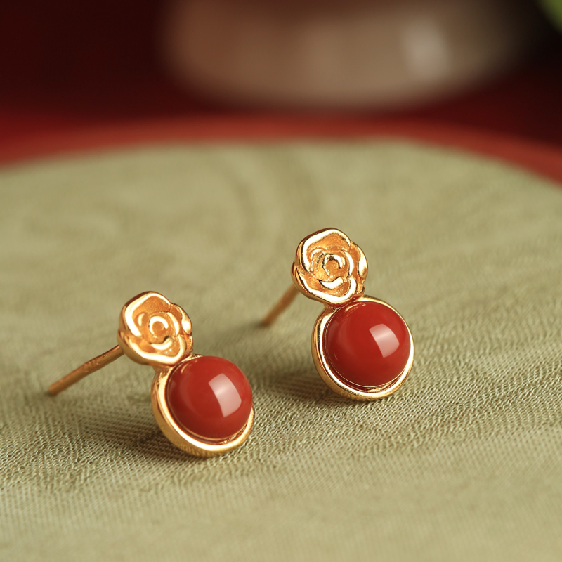 Vintage Red Agate Rose Flower Stud Earrings in Pure Silver, National Style Light Luxury Jewelry for Women