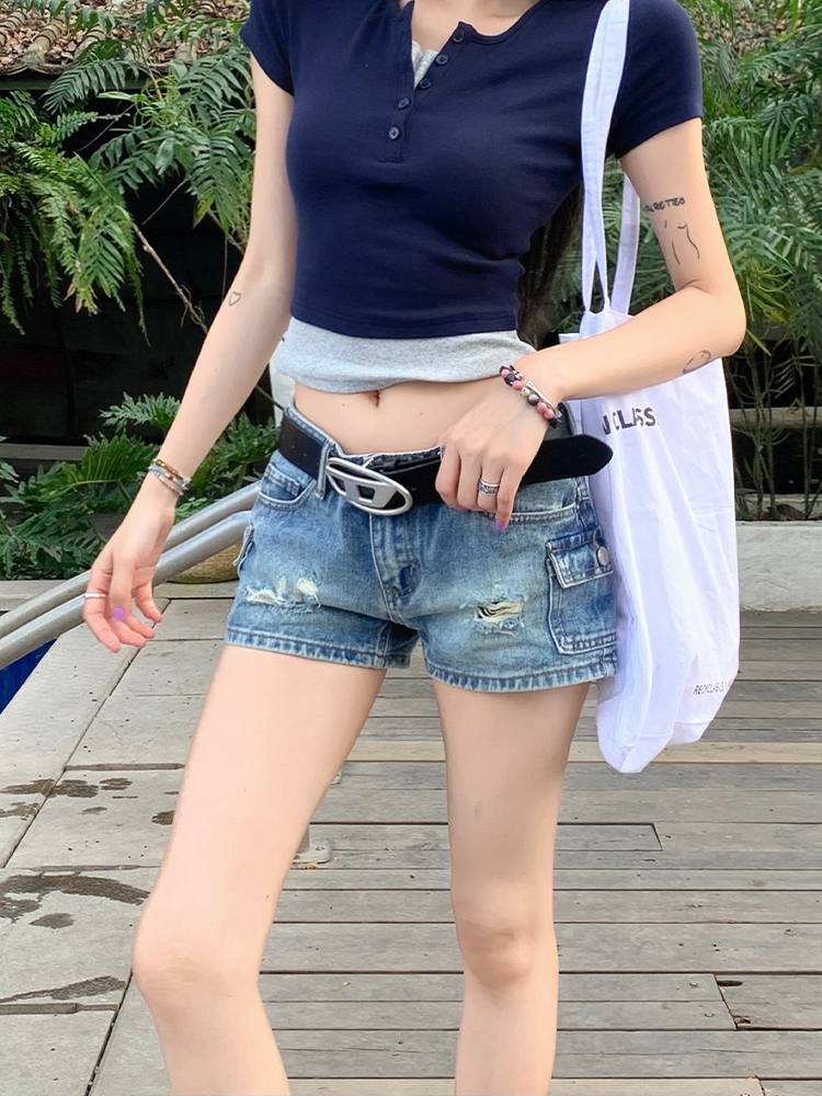 Vintage Ripped Denim Shorts for Women - 2025 American-Style Summer Low-Waist Slimming Hot Pants Vintage Ripped Denim Shorts for Women - 2025 American-Style Summer Low-Waist Slimming Hot Pants