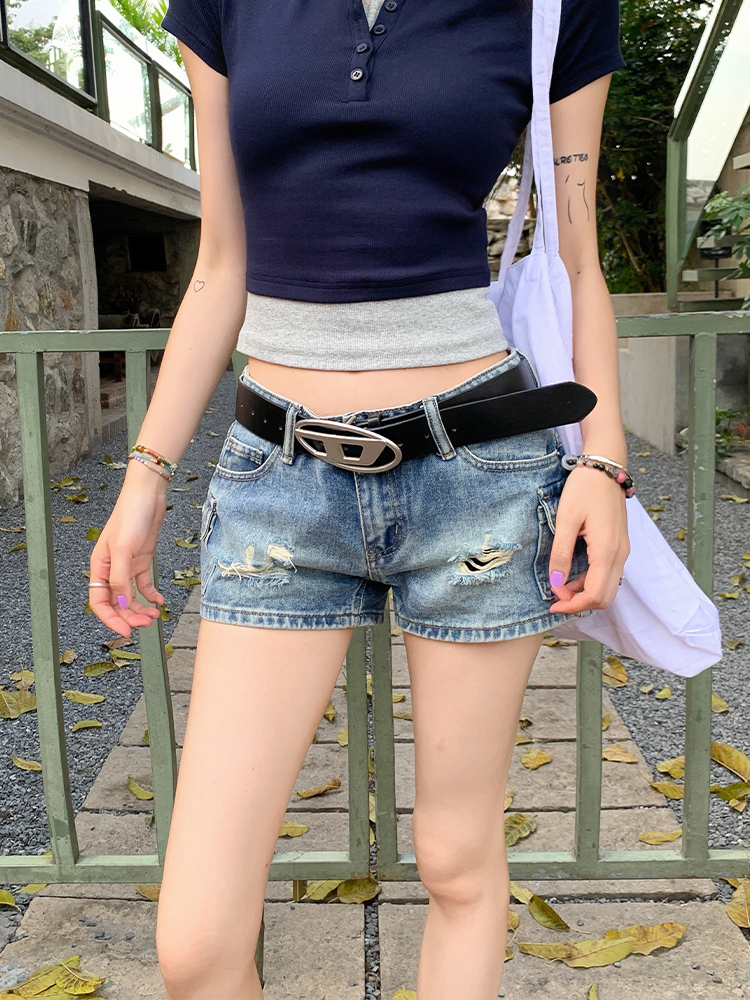 Vintage Ripped Denim Shorts for Women - 2025 American-Style Summer Low-Waist Slimming Hot Pants Vintage Ripped Denim Shorts for Women - 2025 American-Style Summer Low-Waist Slimming Hot Pants