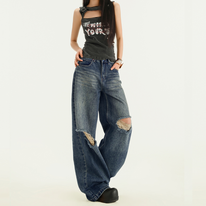 Vintage Ripped Wide-Leg Jeans for Women - High-Waisted Loose Straight Pants, Spring 2025 American High Street Style Vintage Ripped Wide-Leg Jeans for Women - High-Waisted Loose Straight Pants, Spring 2025 American High Street Style