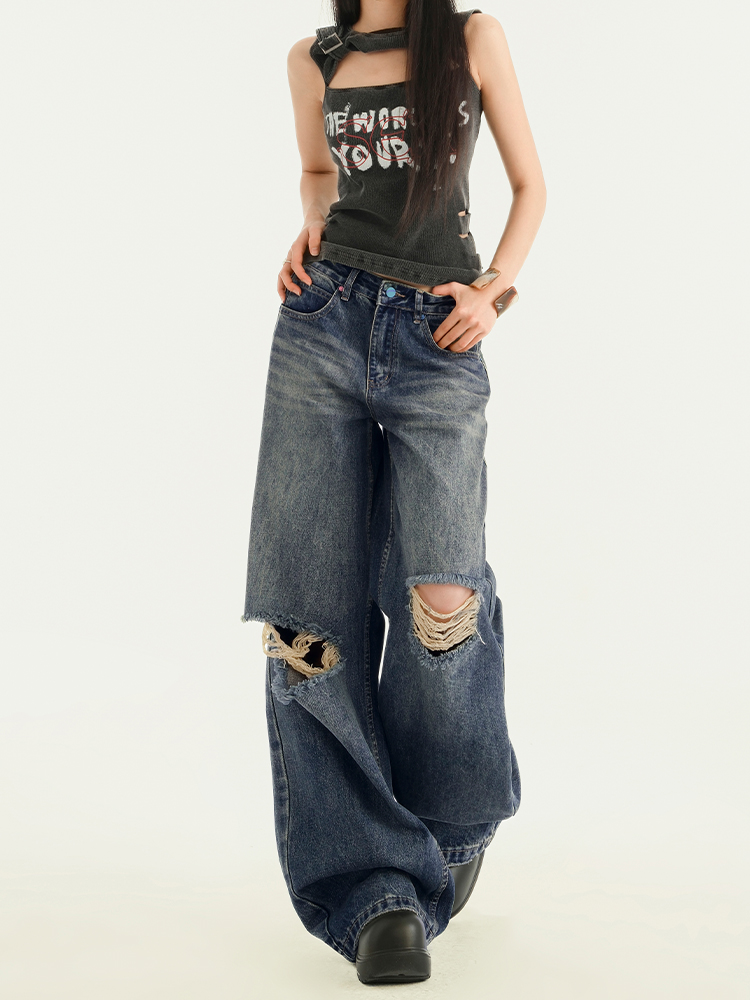 Vintage Ripped Wide-Leg Jeans for Women - High-Waisted Loose Straight Pants, Spring 2025 American High Street Style Vintage Ripped Wide-Leg Jeans for Women - High-Waisted Loose Straight Pants, Spring 2025 American High Street Style
