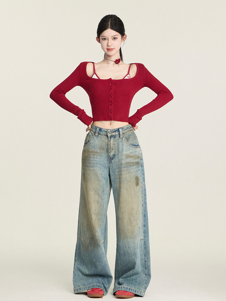 Vintage Slim Fit Knitted Cardigan with Flare Neck, Long Sleeve Layering Top for Hot Girl Style, Perfect for Y2K and 90s Fashion Vintage Slim Fit Knitted Cardigan with Flare Neck, Long Sleeve Layering Top for Hot Girl Style, Perfect for Y2K and 90s Fashion