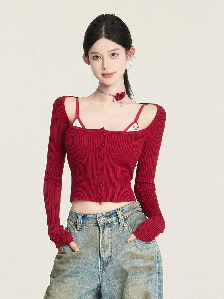 Vintage Slim Fit Knitted Cardigan with Flare Neck, Long Sleeve Layering Top for Hot Girl Style, Perfect for Y2K and 90s Fashion Vintage Slim Fit Knitted Cardigan with Flare Neck, Long Sleeve Layering Top for Hot Girl Style, Perfect for Y2K and 90s Fashion