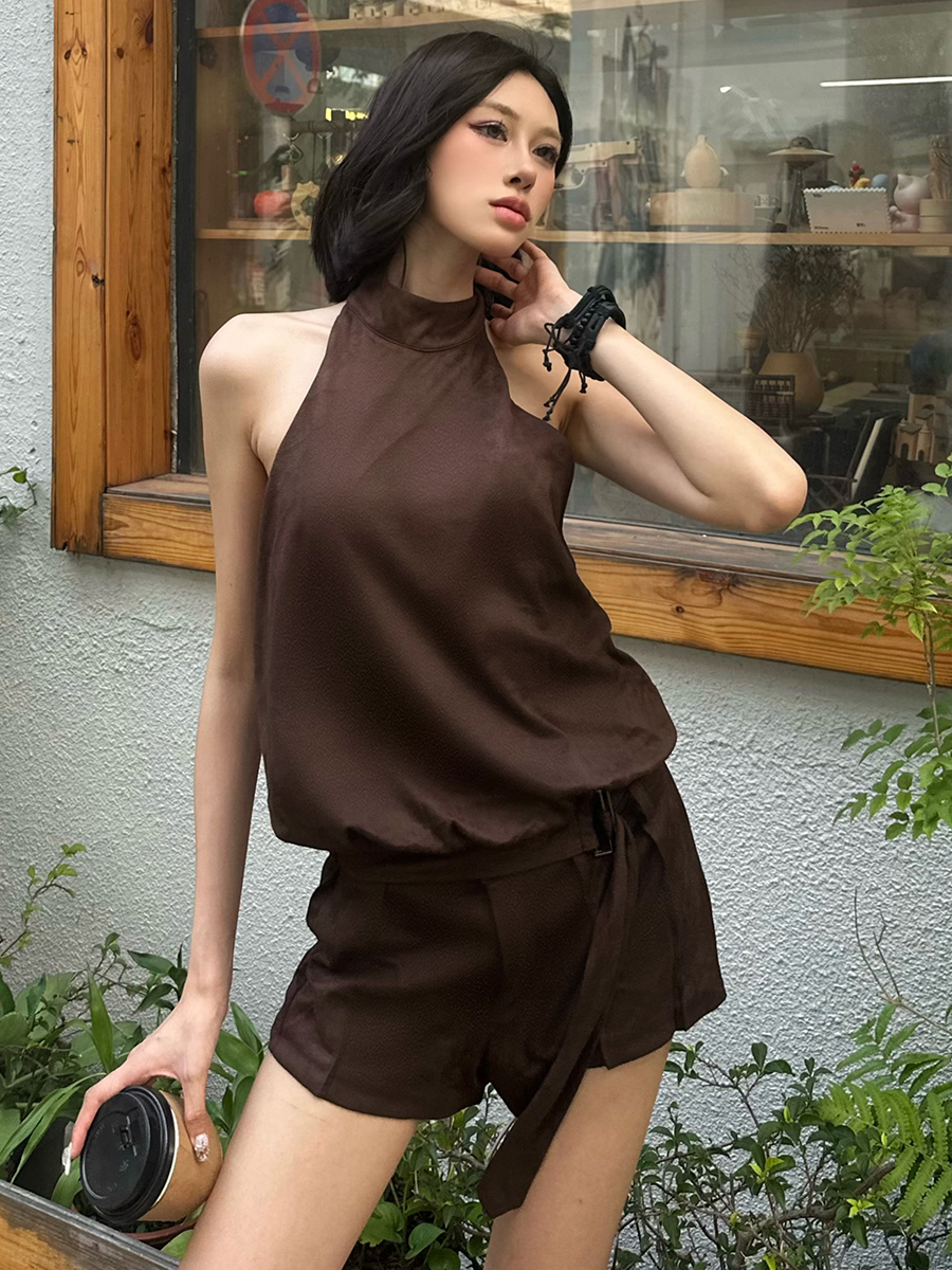 Vintage Solid Color Backless Halter Top and High Waist Slim Fit Shorts Two-Piece Set for Women - Eccentric Girl Y2K Style