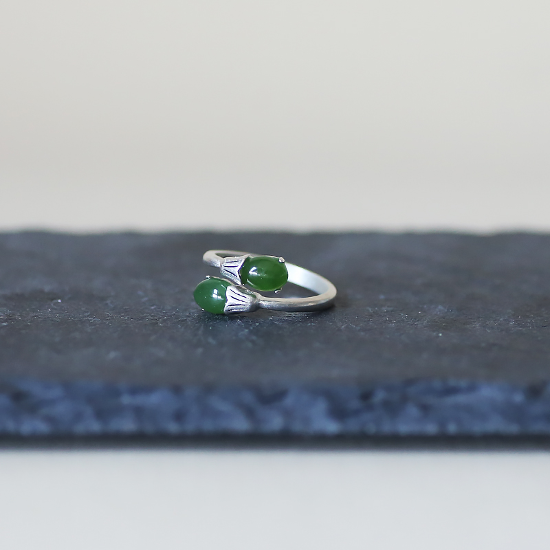 Vintage-Style Adjustable Open Ring with 925 Sterling Silver and Hetian Jade Flower Inlay, Chinese-Inspired Design