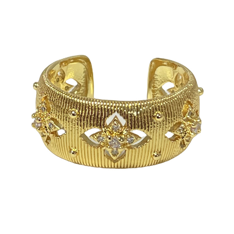 Vintage-Style Textured Open Ring with Sparkling Diamonds, High-End Light Luxury Design, Trendy Index Finger Jewelry