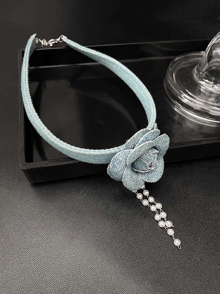 Vintage Three-Dimensional Denim Blue Flower Choker Necklace for Women - Unique Collarbone Chain Neckband - Boho Style Vintage Three-Dimensional Denim Blue Flower Choker Necklace for Women - Unique Collarbone Chain Neckband - Boho Style
