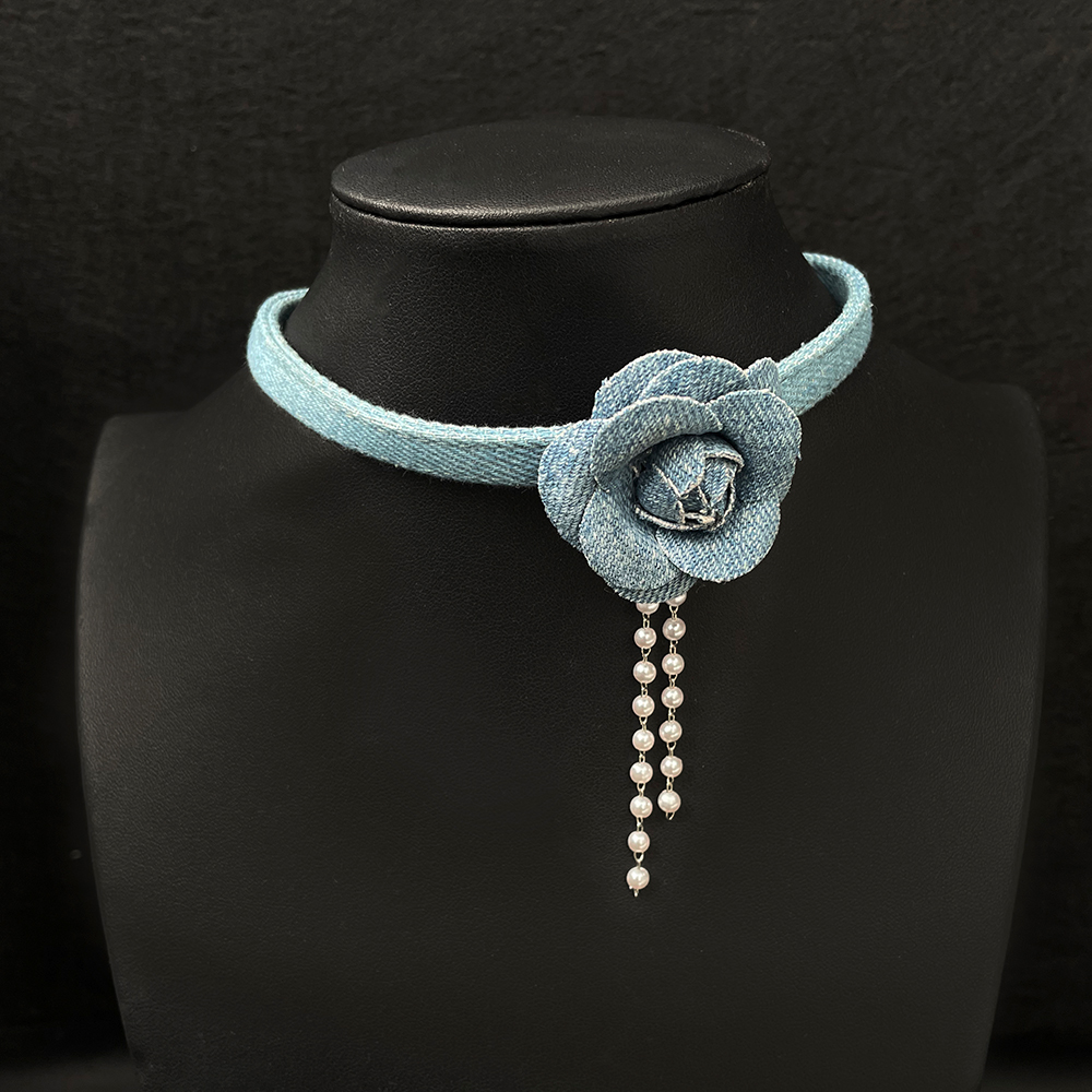 Vintage Three-Dimensional Denim Blue Flower Choker Necklace for Women - Unique Collarbone Chain Neckband - Boho Style