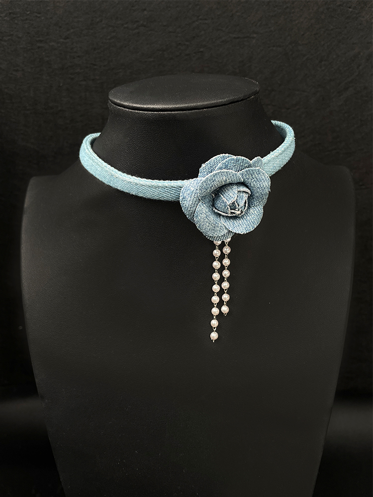Vintage Three-Dimensional Denim Blue Flower Choker Necklace for Women - Unique Collarbone Chain Neckband - Boho Style Vintage Three-Dimensional Denim Blue Flower Choker Necklace for Women - Unique Collarbone Chain Neckband - Boho Style