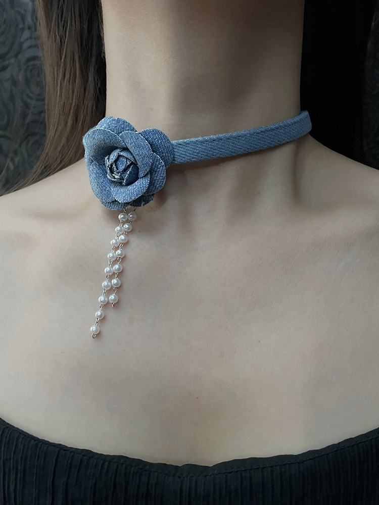 Vintage Three-Dimensional Denim Blue Flower Choker Necklace for Women - Unique Collarbone Chain Neckband - Boho Style Vintage Three-Dimensional Denim Blue Flower Choker Necklace for Women - Unique Collarbone Chain Neckband - Boho Style