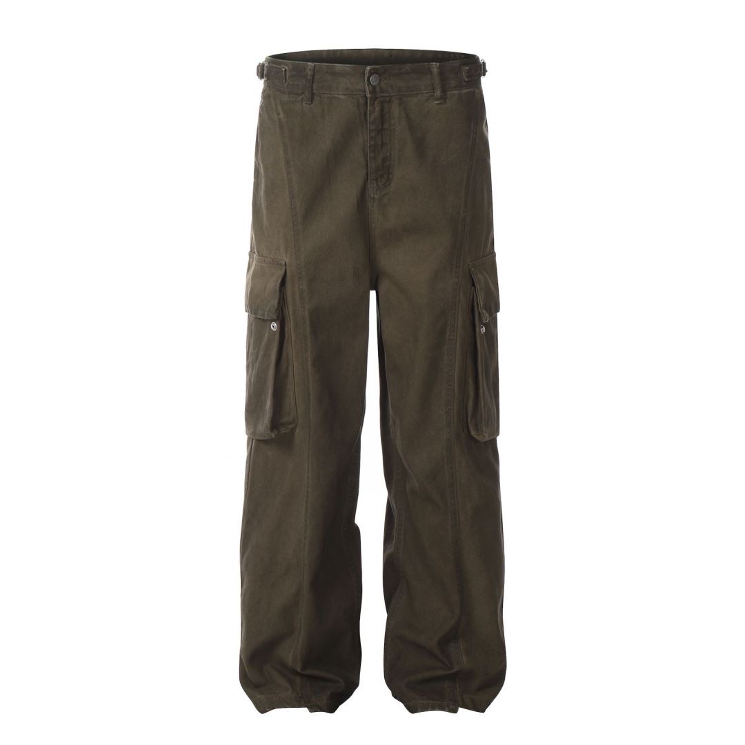 Vintage Wash Distressed Wide-Leg Cargo Pants for Women - High Street Floor-Length, Loose Fit with Big Pockets, Y2K Style