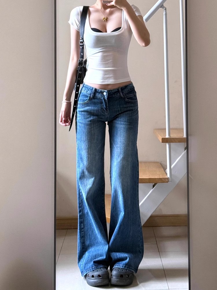 Vintage Washed Bamboo Flared Jeans for Women - Low-Waist Loose Wide-Leg Bell-Bottom Pants for Summer Style