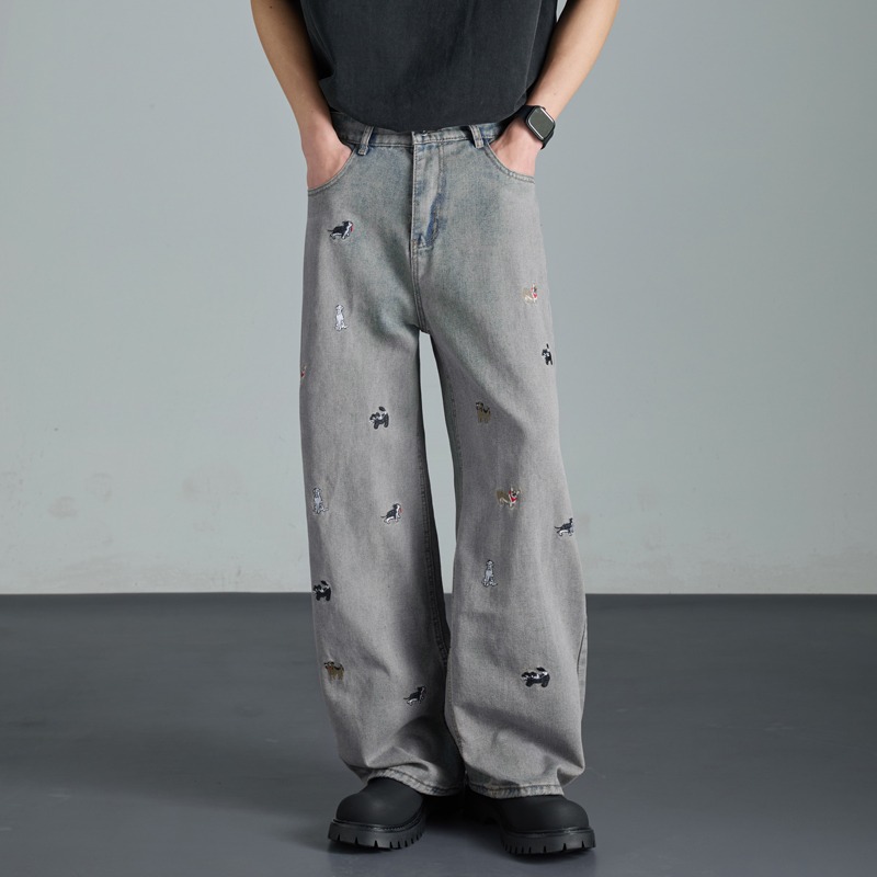 Vintage Washed Black Dog Embroidery Wide-Leg Jeans for Men - Summer Loose High-Waisted Straight Pants, Retro Style Vintage Washed Black Dog Embroidery Wide-Leg Jeans for Men - Summer Loose High-Waisted Straight Pants, Retro Style