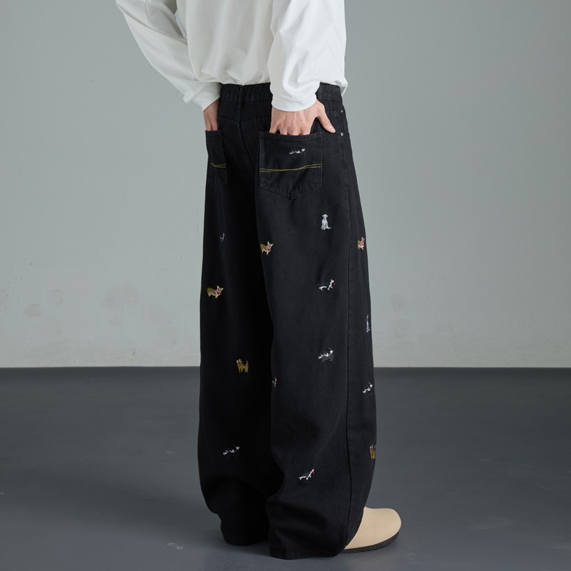Vintage Washed Black Dog Embroidery Wide-Leg Jeans for Men - Summer Loose High-Waisted Straight Pants, Retro Style Vintage Washed Black Dog Embroidery Wide-Leg Jeans for Men - Summer Loose High-Waisted Straight Pants, Retro Style