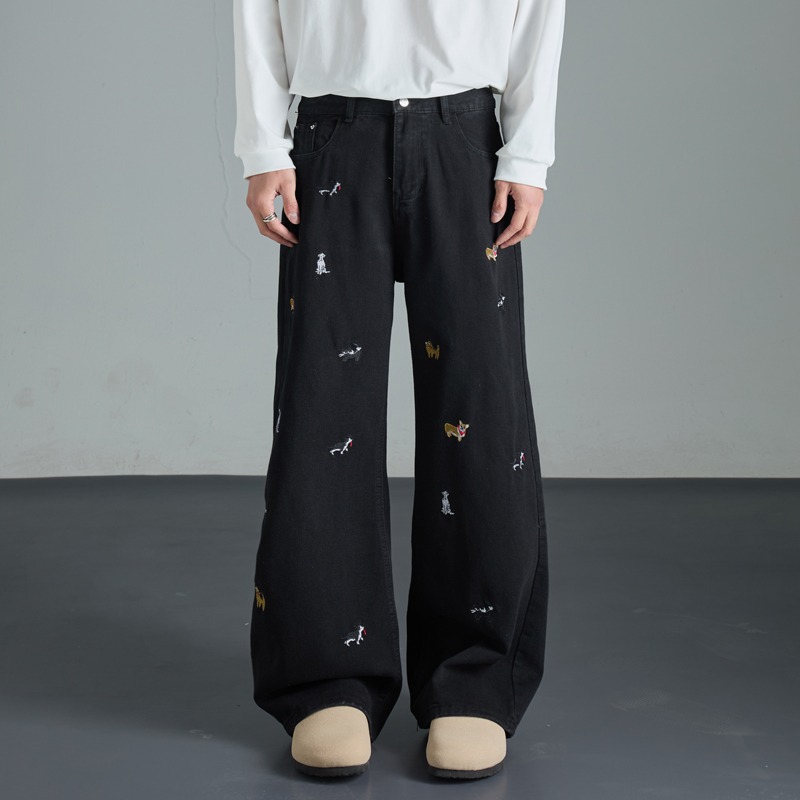 Vintage Washed Black Dog Embroidery Wide-Leg Jeans for Men - Summer Loose High-Waisted Straight Pants, Retro Style