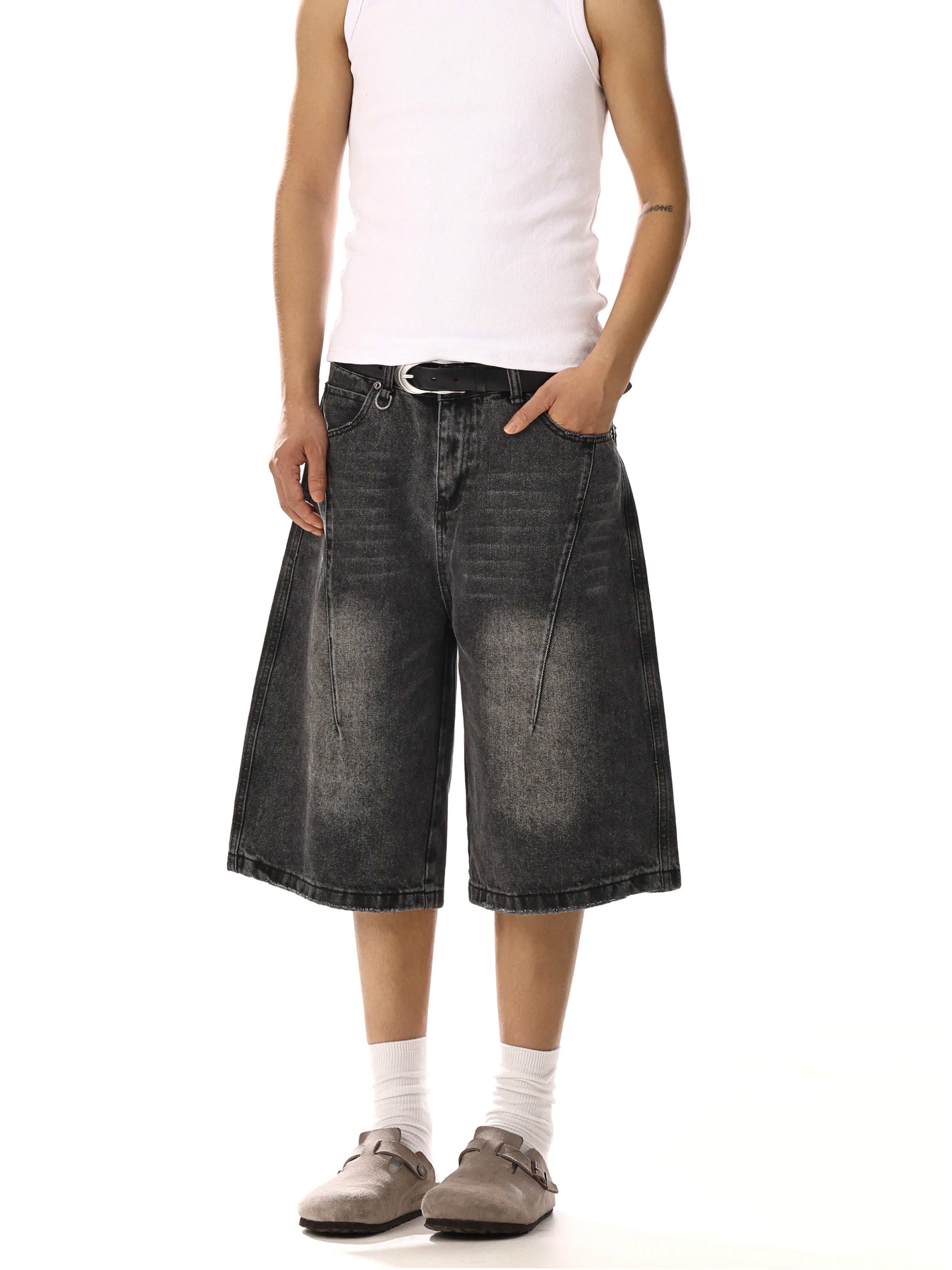 Vintage Washed Distressed Denim Shorts for Men and Women - Unisex Loose Wide-Leg Capri Pants for Casual Street Style Vintage Washed Distressed Denim Shorts for Men and Women - Unisex Loose Wide-Leg Capri Pants for Casual Street Style