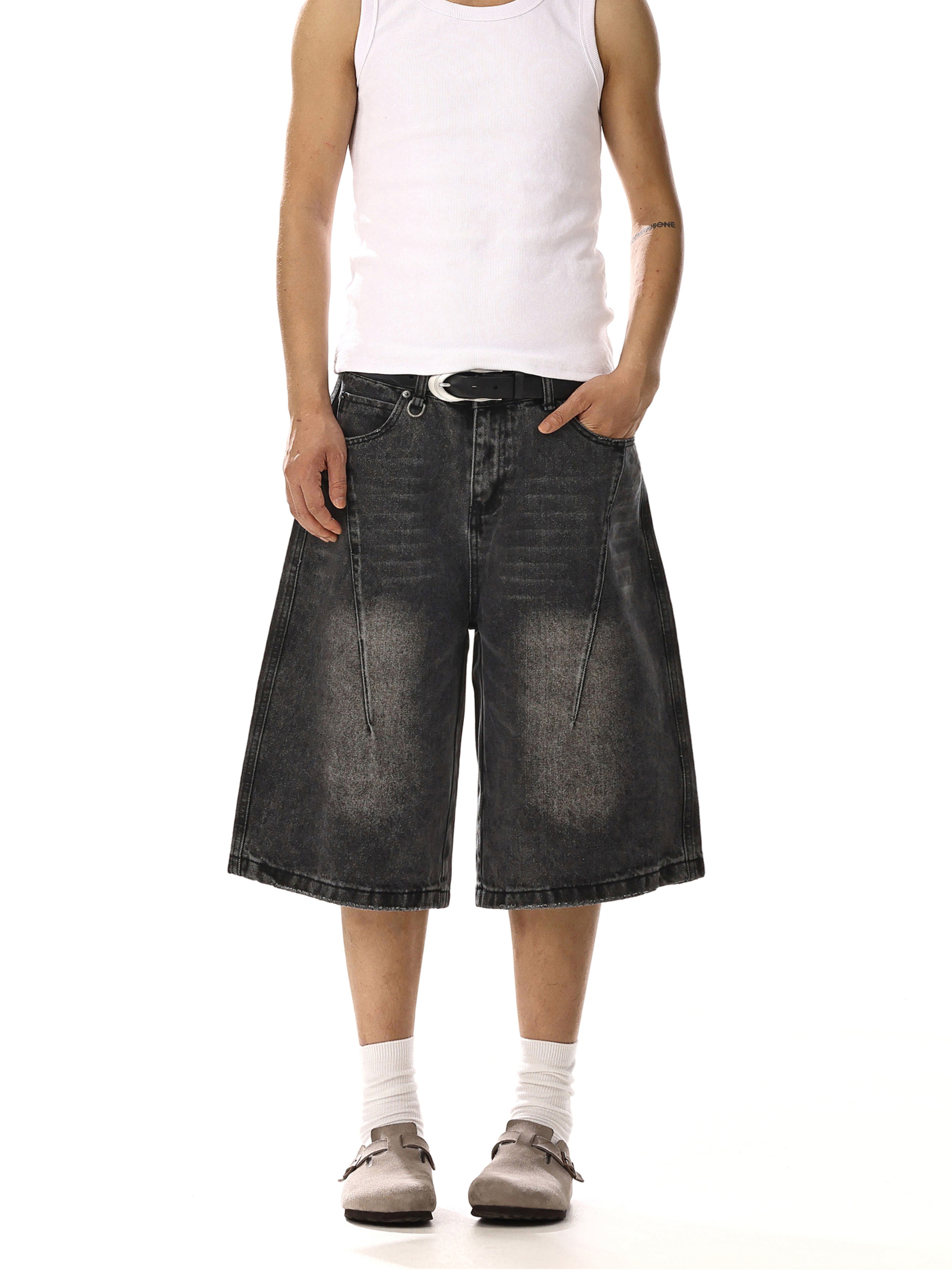 Vintage Washed Distressed Denim Shorts for Men and Women - Unisex Loose Wide-Leg Capri Pants for Casual Street Style Vintage Washed Distressed Denim Shorts for Men and Women - Unisex Loose Wide-Leg Capri Pants for Casual Street Style