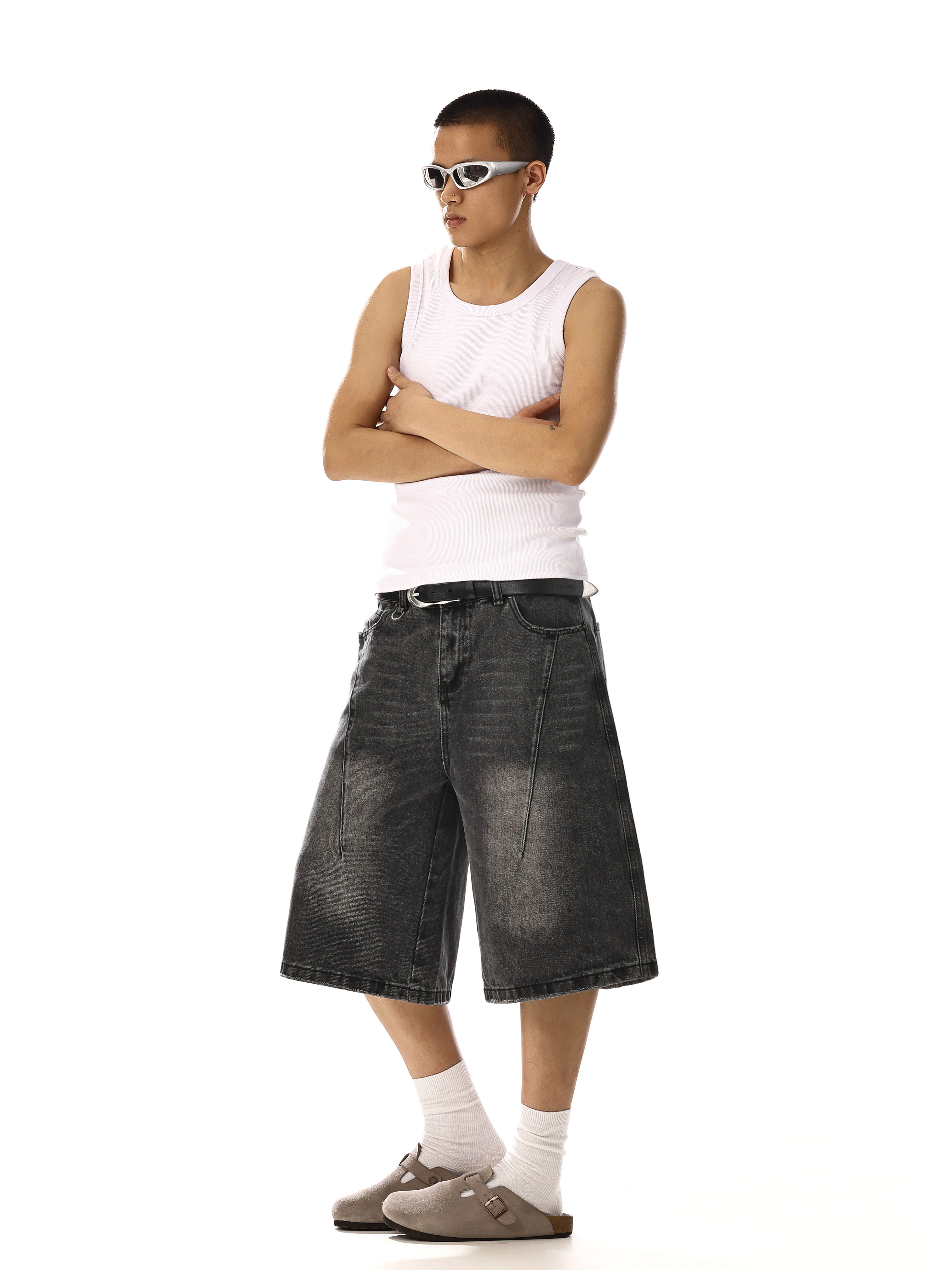 Vintage Washed Distressed Denim Shorts for Men and Women - Unisex Loose Wide-Leg Capri Pants for Casual Street Style Vintage Washed Distressed Denim Shorts for Men and Women - Unisex Loose Wide-Leg Capri Pants for Casual Street Style