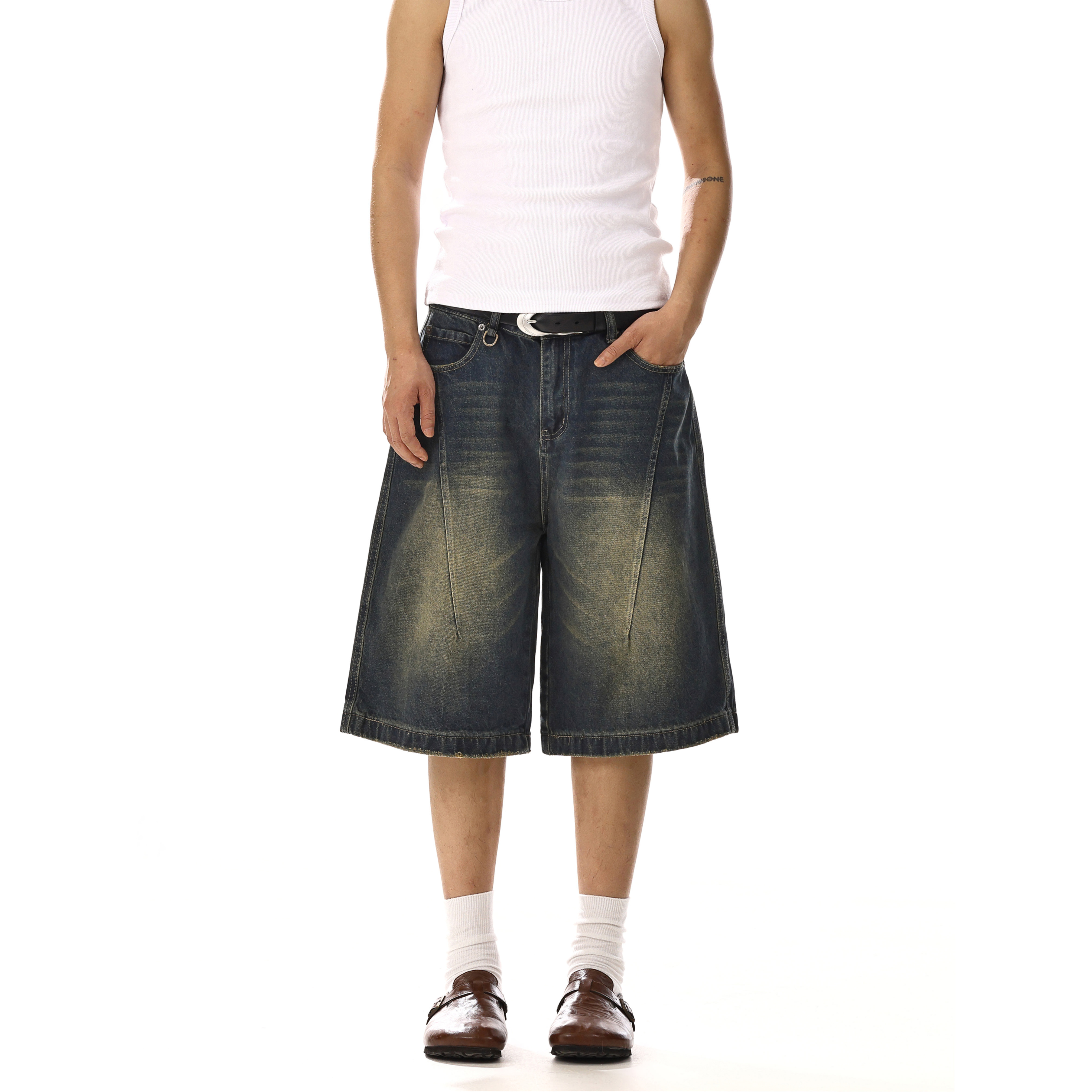 Vintage Washed Distressed Denim Shorts for Men and Women - Unisex Loose Wide-Leg Capri Pants for Casual Street Style Vintage Washed Distressed Denim Shorts for Men and Women - Unisex Loose Wide-Leg Capri Pants for Casual Street Style