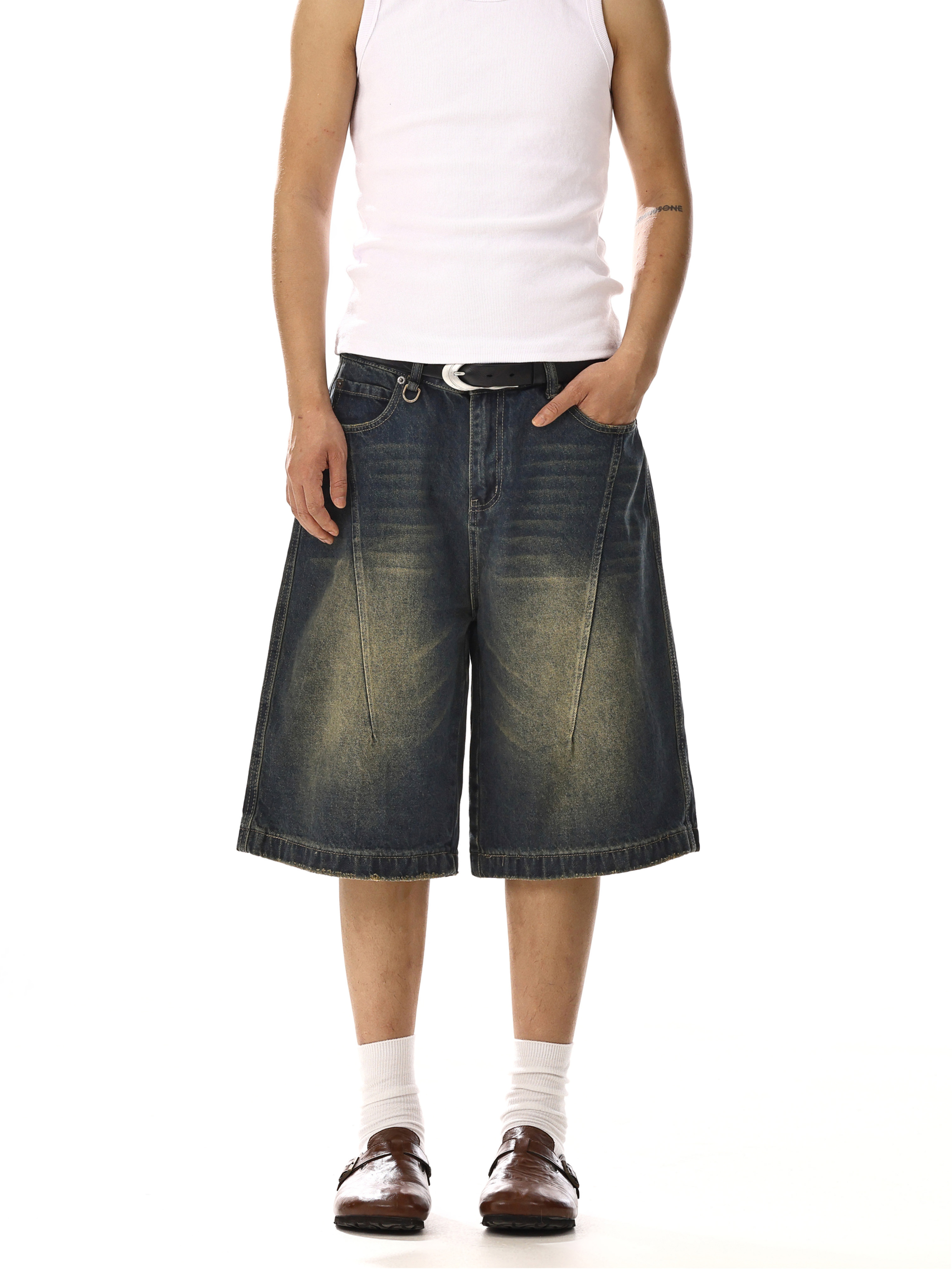 Vintage Washed Distressed Denim Shorts for Men and Women â€“ Loose-Fit Wide-Leg Capri Pants for Casual Street Style