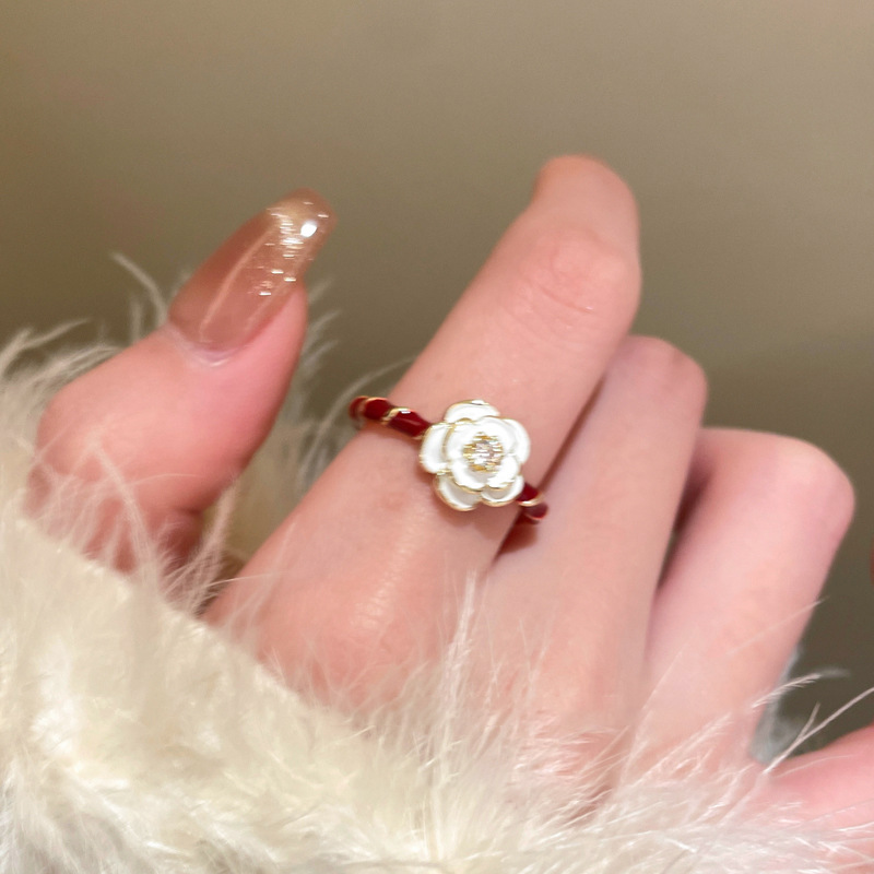 Vintage Wine Red Drip Glaze Camellia Ring for Women - Minimalist Adjustable Finger Ring, 2025 Trendy Jewelry