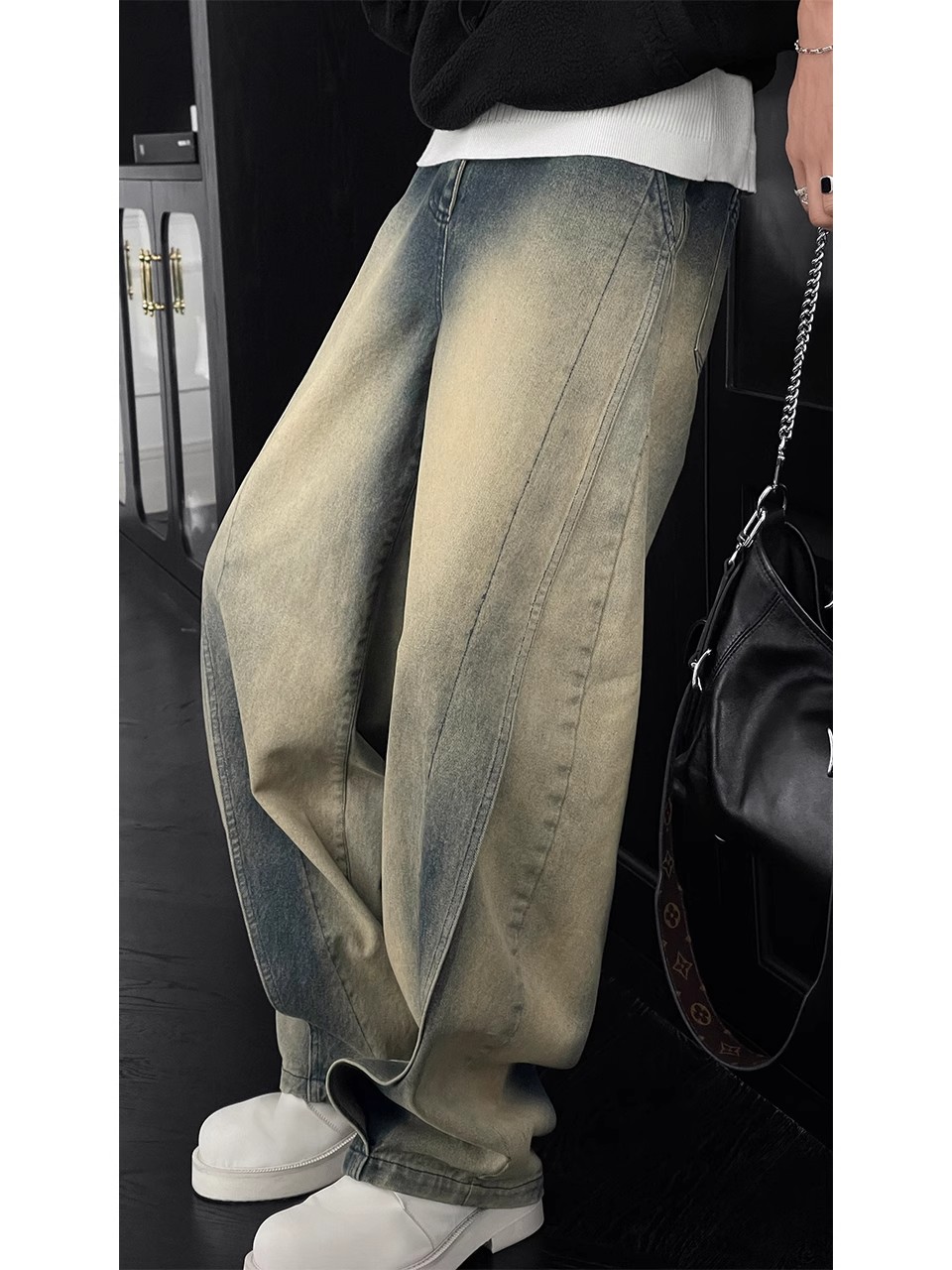 Vintage Yellow Water-Washed Wide-Leg Men's Jeans with Deconstructed Design - Retro American High Street Style for Spring