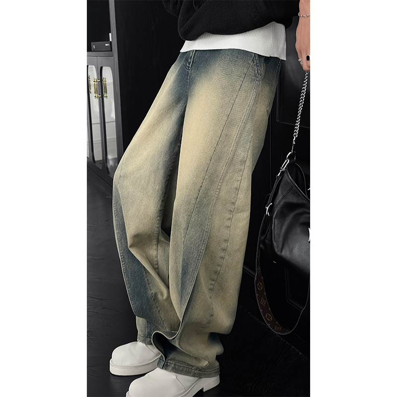 Vintage Yellow Water-Washed Wide-Leg Men's Jeans with Deconstructed Design - Retro American High Street Style for Spring