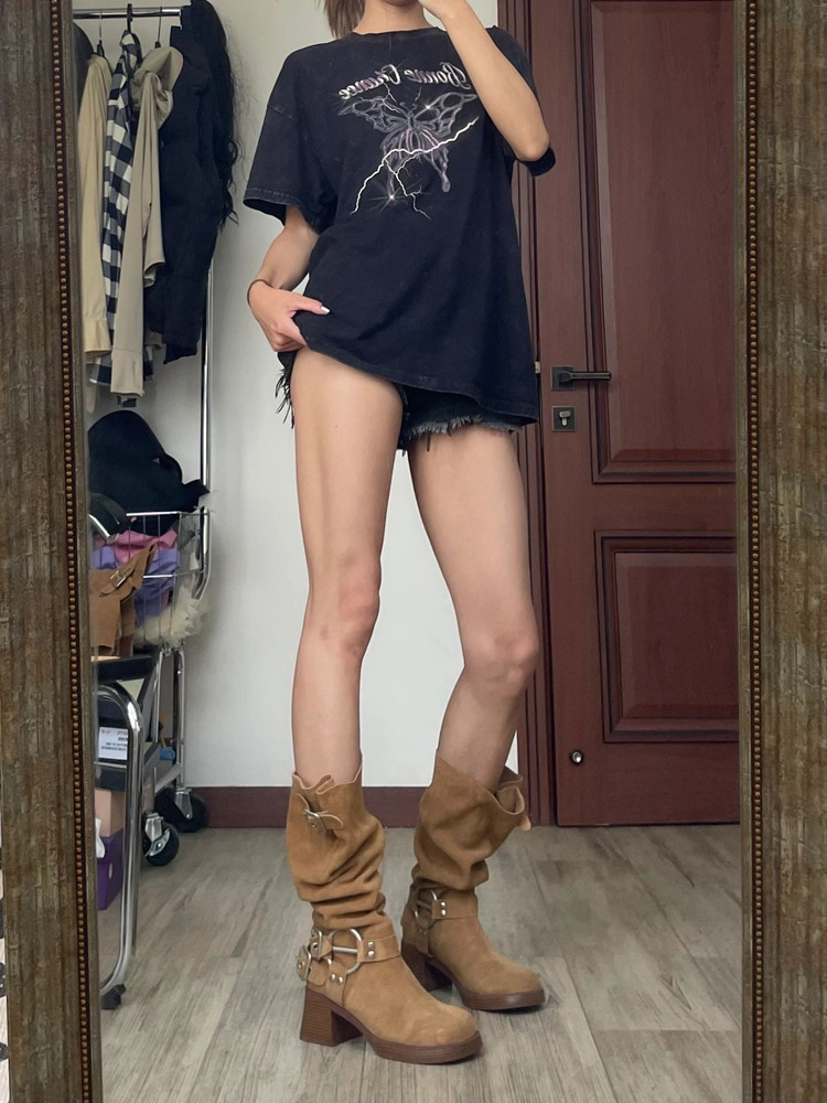 Vintage Yellow Western Cowboy Boots for Women, Chunky Heel Mid-Calf Design, 2025 Spring Autumn Style, British-Inspired Footwear