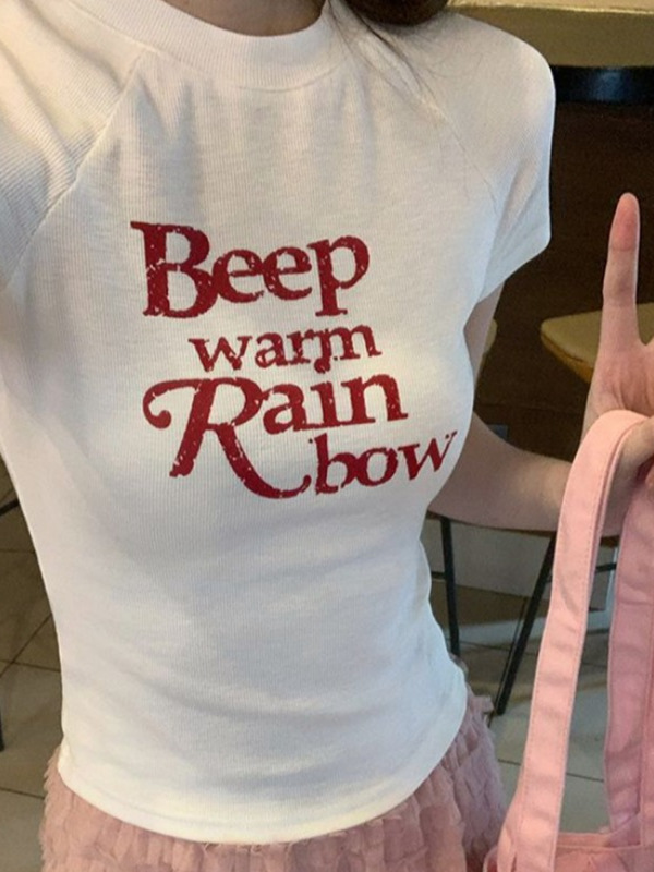 Waist-Cinching Women's T-Shirt with Unique Letter Print - Sweet and Spicy Style White Short Sleeve Top Waist-Cinching Women's T-Shirt with Unique Letter Print - Sweet and Spicy Style White Short Sleeve Top