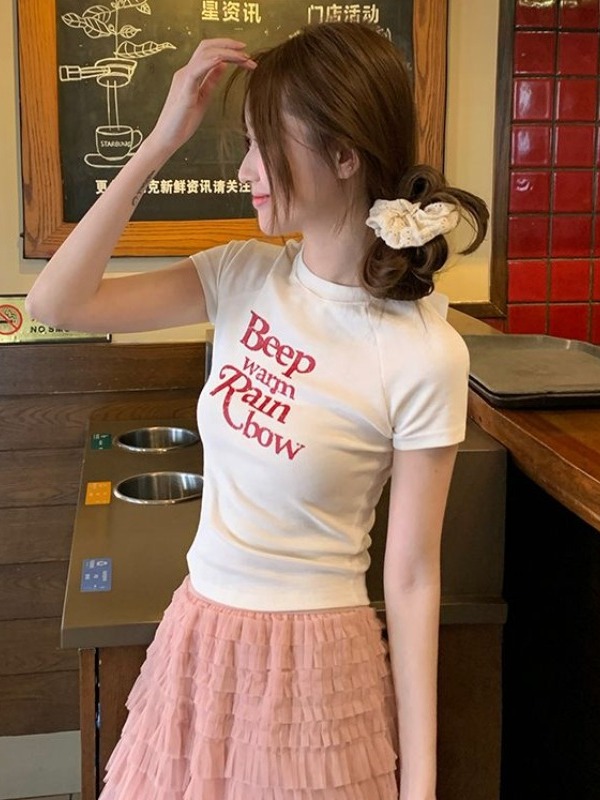 Waist-Cinching Women's T-Shirt with Unique Letter Print - Sweet and Spicy Style White Short Sleeve Top Waist-Cinching Women's T-Shirt with Unique Letter Print - Sweet and Spicy Style White Short Sleeve Top