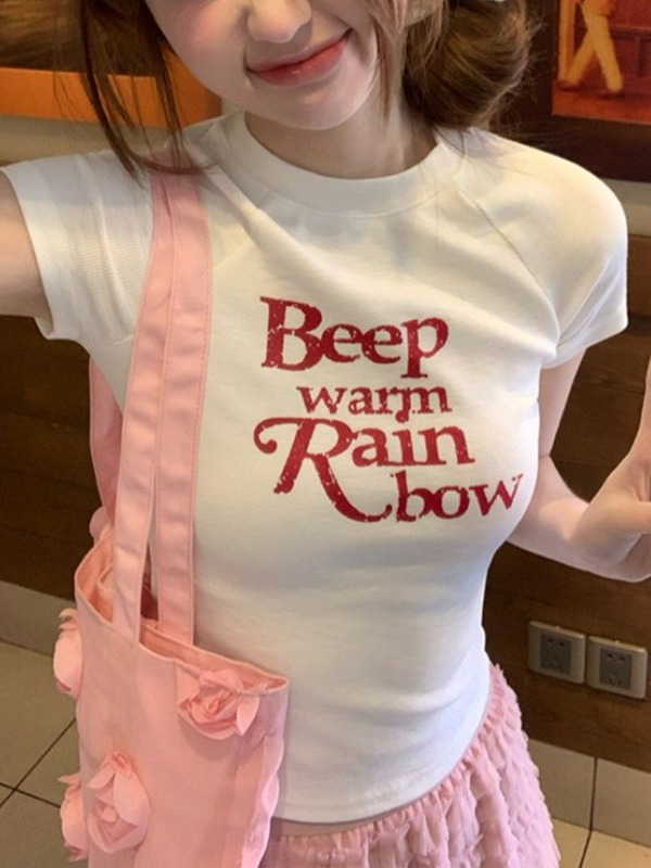 Waist-Cinching Women's T-Shirt with Unique Letter Print - Sweet and Spicy Style White Short Sleeve Top Waist-Cinching Women's T-Shirt with Unique Letter Print - Sweet and Spicy Style White Short Sleeve Top
