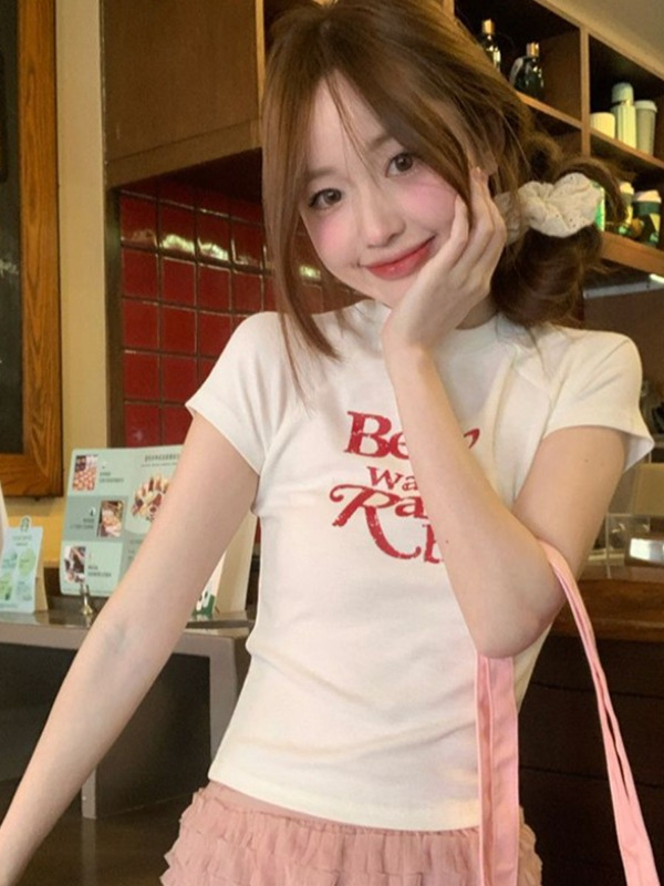 Waist-Cinching Women's T-Shirt with Unique Letter Print - Sweet and Spicy Style White Short Sleeve Top Waist-Cinching Women's T-Shirt with Unique Letter Print - Sweet and Spicy Style White Short Sleeve Top