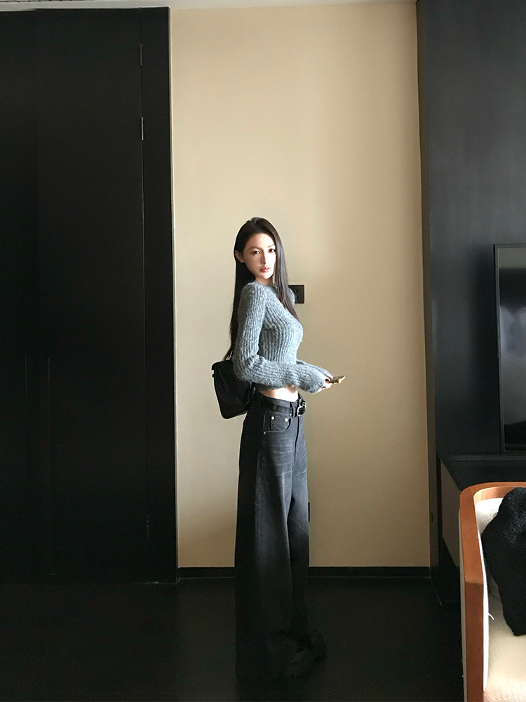 Washed Black Vintage Chic Wide-Leg Jeans for Women - Spring Winter Fashion, Y2K Style, Trendy Casual Denim Washed Black Vintage Chic Wide-Leg Jeans for Women - Spring Winter Fashion, Y2K Style, Trendy Casual Denim