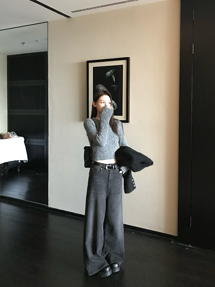 Washed Black Vintage Chic Wide-Leg Jeans for Women - Spring Winter Fashion, Y2K Style, Trendy Casual Denim