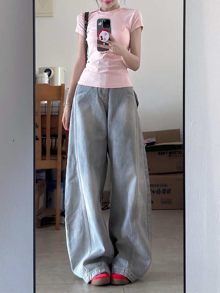 Water-Washed Gray Wide-Leg Jeans for Women - Vintage Loose Fit Flattering Straight-Leg Pants - Summer 90s Style Water-Washed Gray Wide-Leg Jeans for Women - Vintage Loose Fit Flattering Straight-Leg Pants - Summer 90s Style