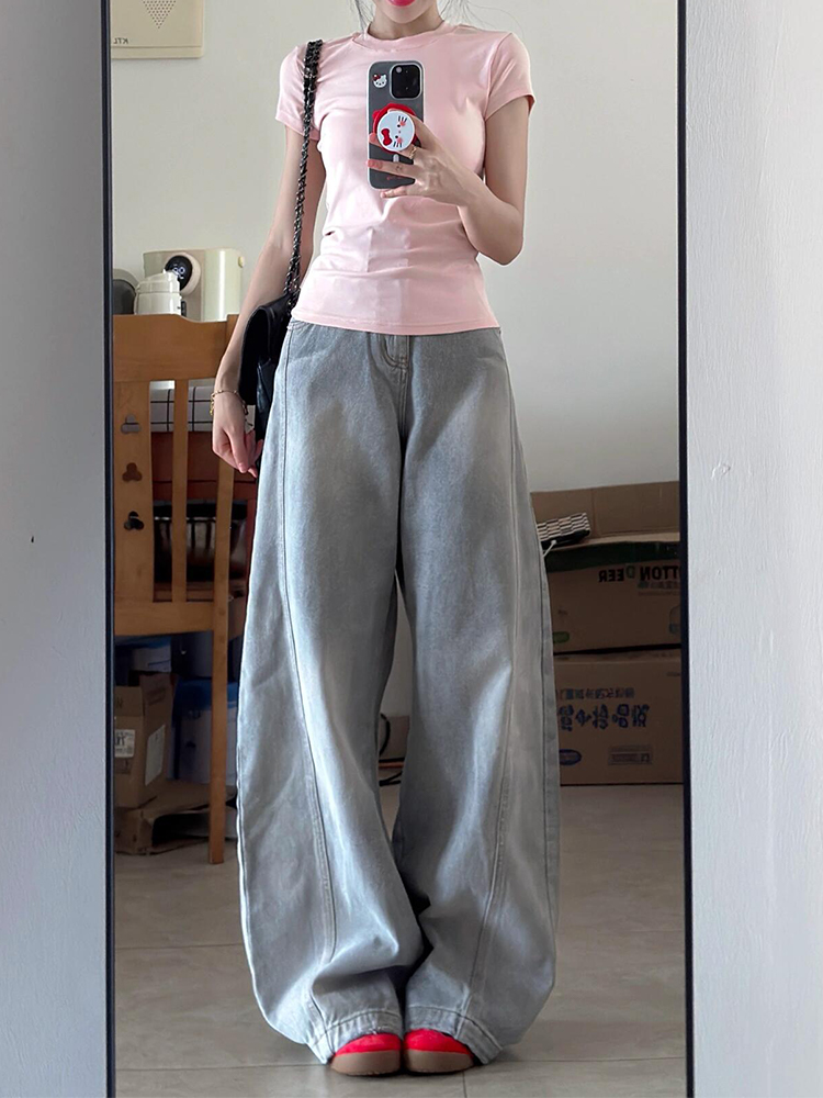 Water-Washed Gray Wide-Leg Jeans for Women - Vintage Loose Fit Flattering Straight-Leg Pants - Summer 90s Style