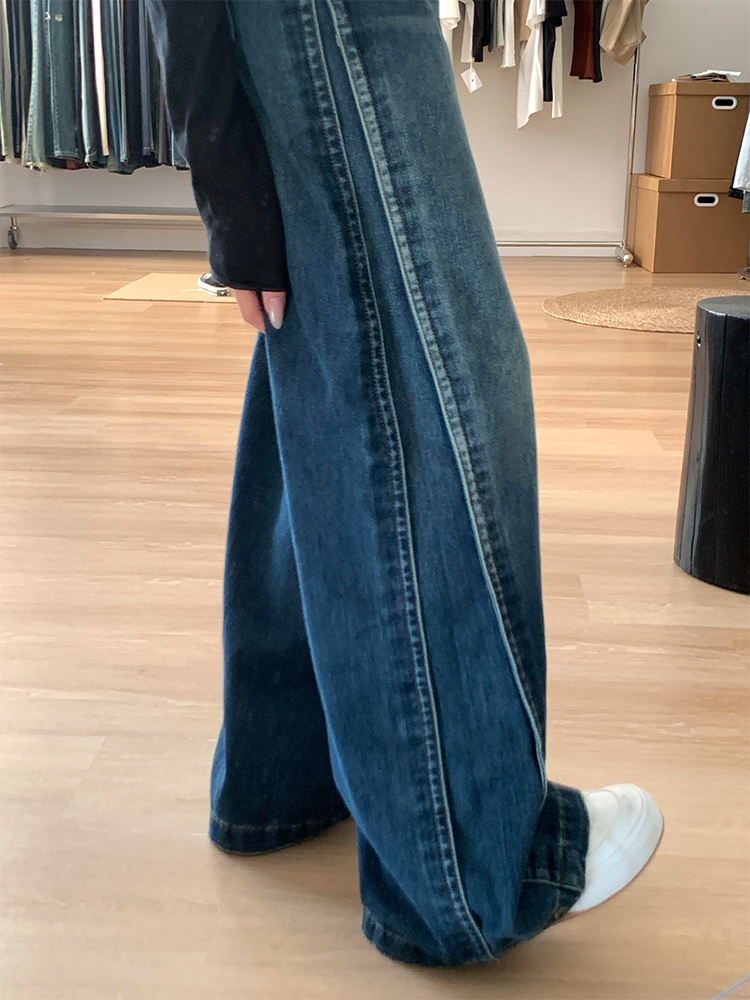 Water-Washed Patchwork Wide-Leg Jeans for Women - Summer Retro High-Waisted Loose Straight-Leg Pants