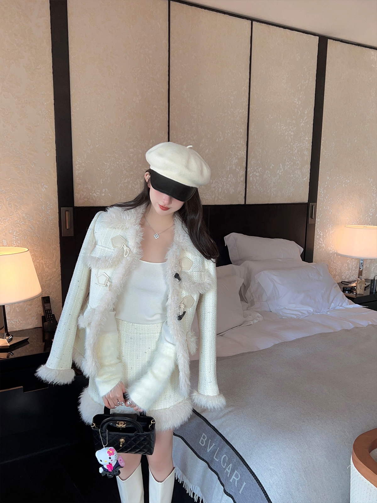 White Boucle Woolen Coat and Short Skirt Two-Piece Set for Women - Elegant Winter Outfit, Stylish Layering, Chic Fashion Ensemble White Boucle Woolen Coat and Short Skirt Two-Piece Set for Women - Elegant Winter Outfit, Stylish Layering, Chic Fashion Ensemble