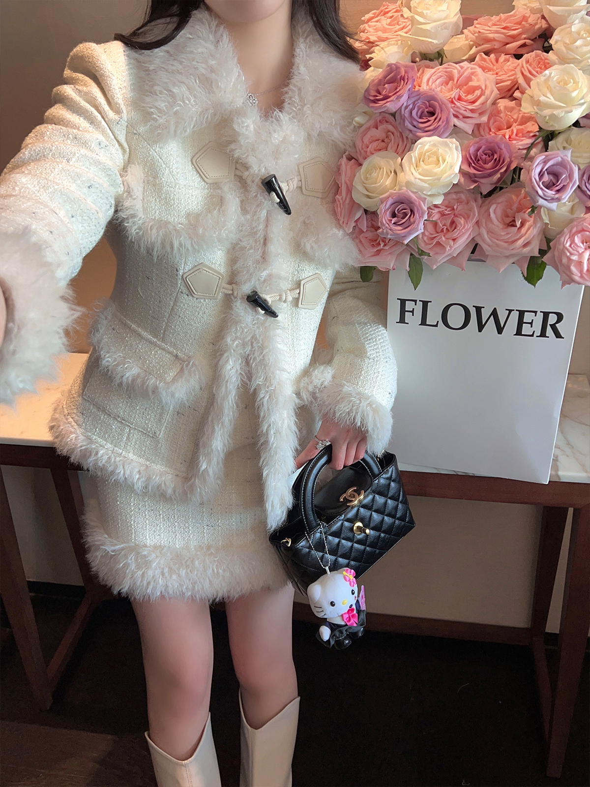 White Boucle Woolen Coat and Short Skirt Two-Piece Set for Women - Elegant Winter Outfit, Stylish Layering, Chic Fashion Ensemble White Boucle Woolen Coat and Short Skirt Two-Piece Set for Women - Elegant Winter Outfit, Stylish Layering, Chic Fashion Ensemble