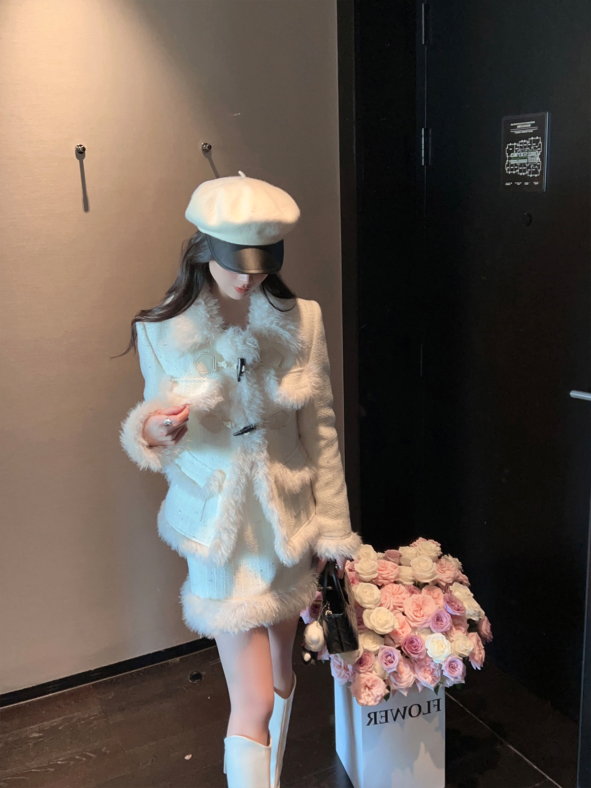 White Boucle Woolen Coat and Short Skirt Two-Piece Set for Women - Elegant Winter Outfit, Stylish Layering, Chic Fashion Ensemble White Boucle Woolen Coat and Short Skirt Two-Piece Set for Women - Elegant Winter Outfit, Stylish Layering, Chic Fashion Ensemble