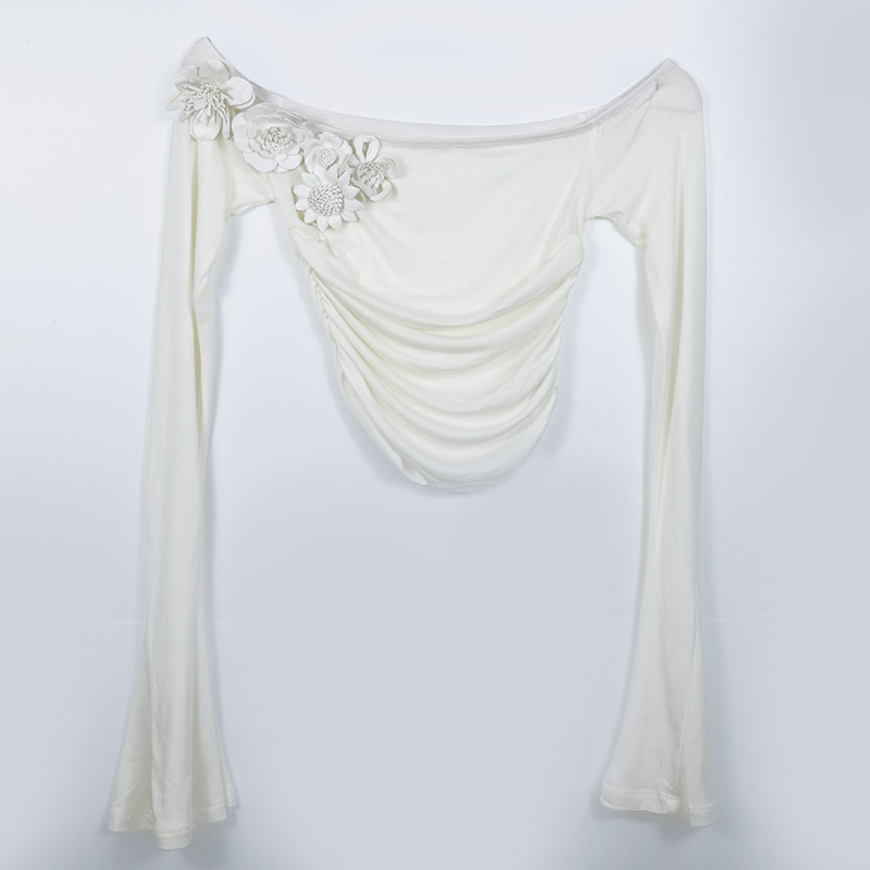 White Camellia Long Sleeve Slim Fit T-Shirt for Women, 2025 Style, Perfect for Short Skirts and Puff Skirts, Trendy Casual Wear