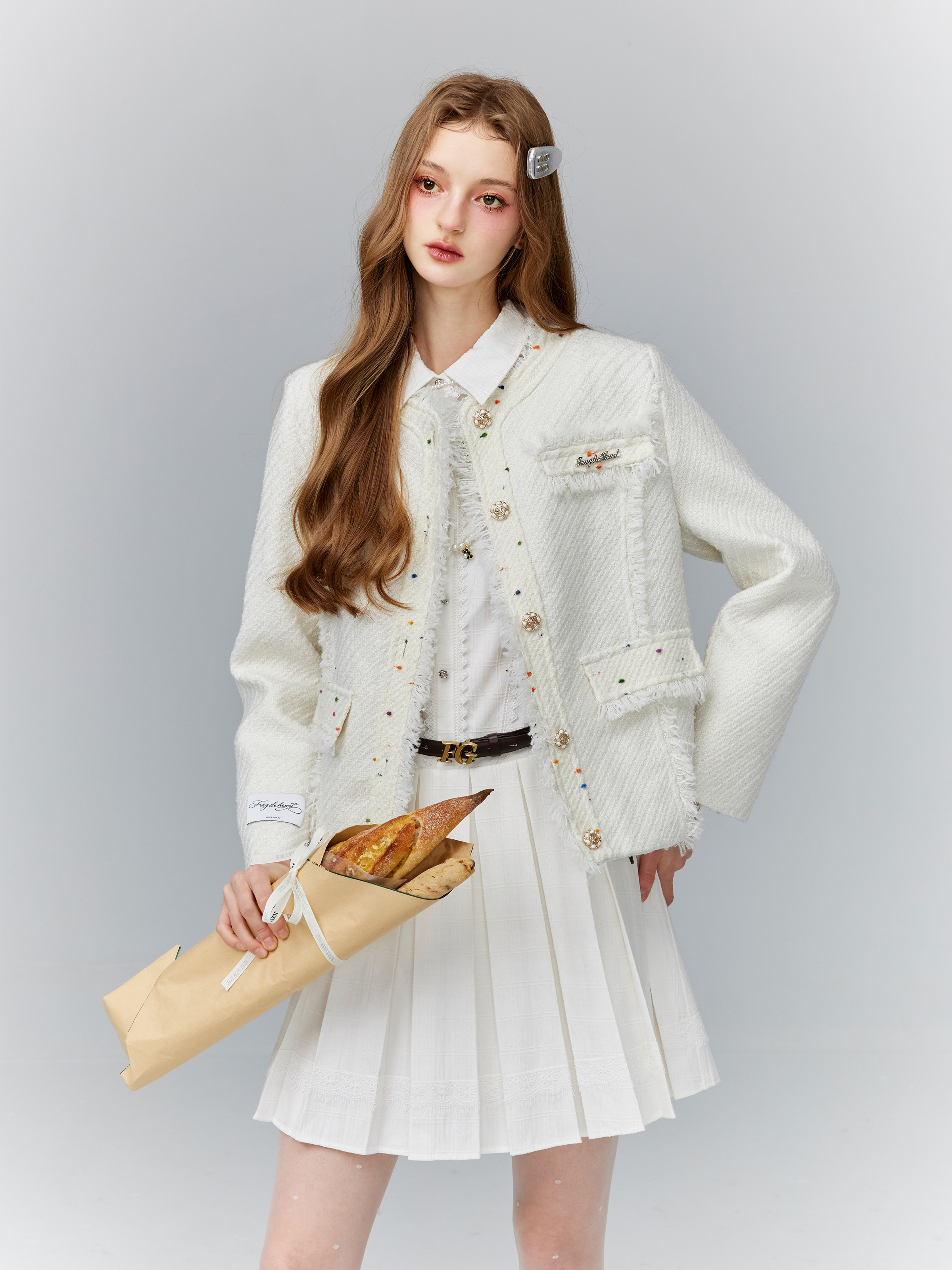 White Chanel-Style Tweed Jacket with Colorful Dots - Small Spring/Summer Fashion Set