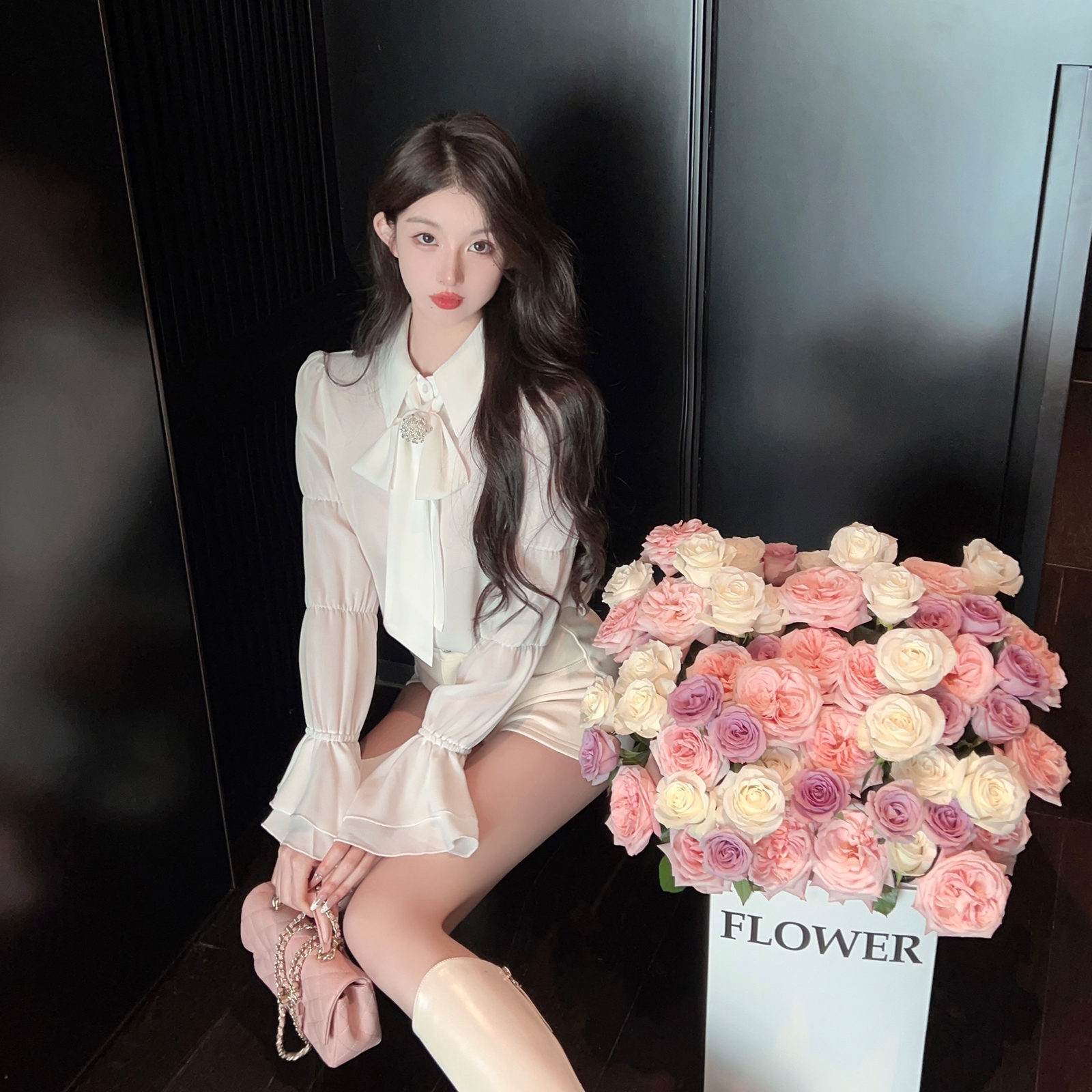 White Chiffon Bell Sleeve Shirt for Women with Bow Tie Design - Elegant Long Sleeve Top for Stylish Looks