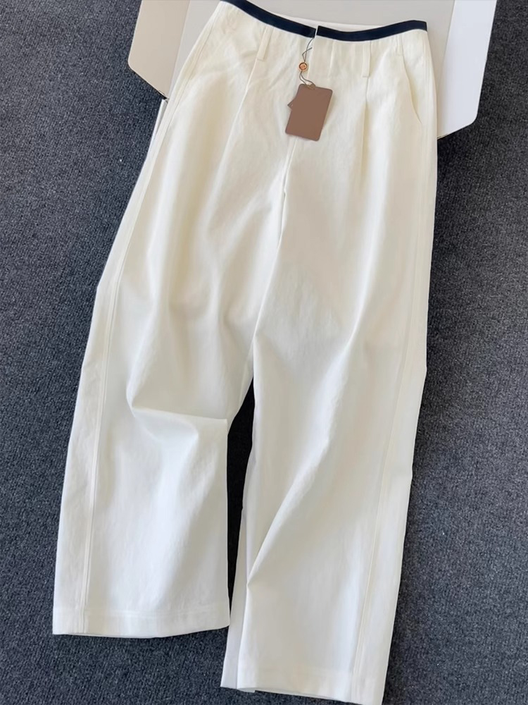 White Color-Blocking High-Waisted Straight-Leg Pants for Women - Lightweight, Breathable, Versatile Summer 2025 Casual Long Trousers