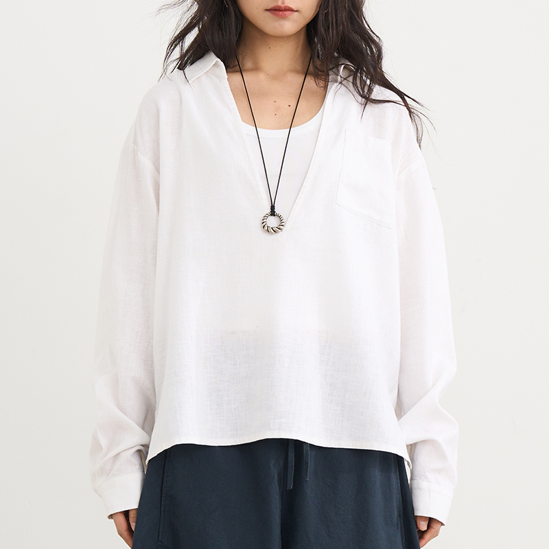 White Deep V-Neck Linen Shirt Cover-Up for Women - Loose Fit Spring Summer Top - Casual Fashion Essential