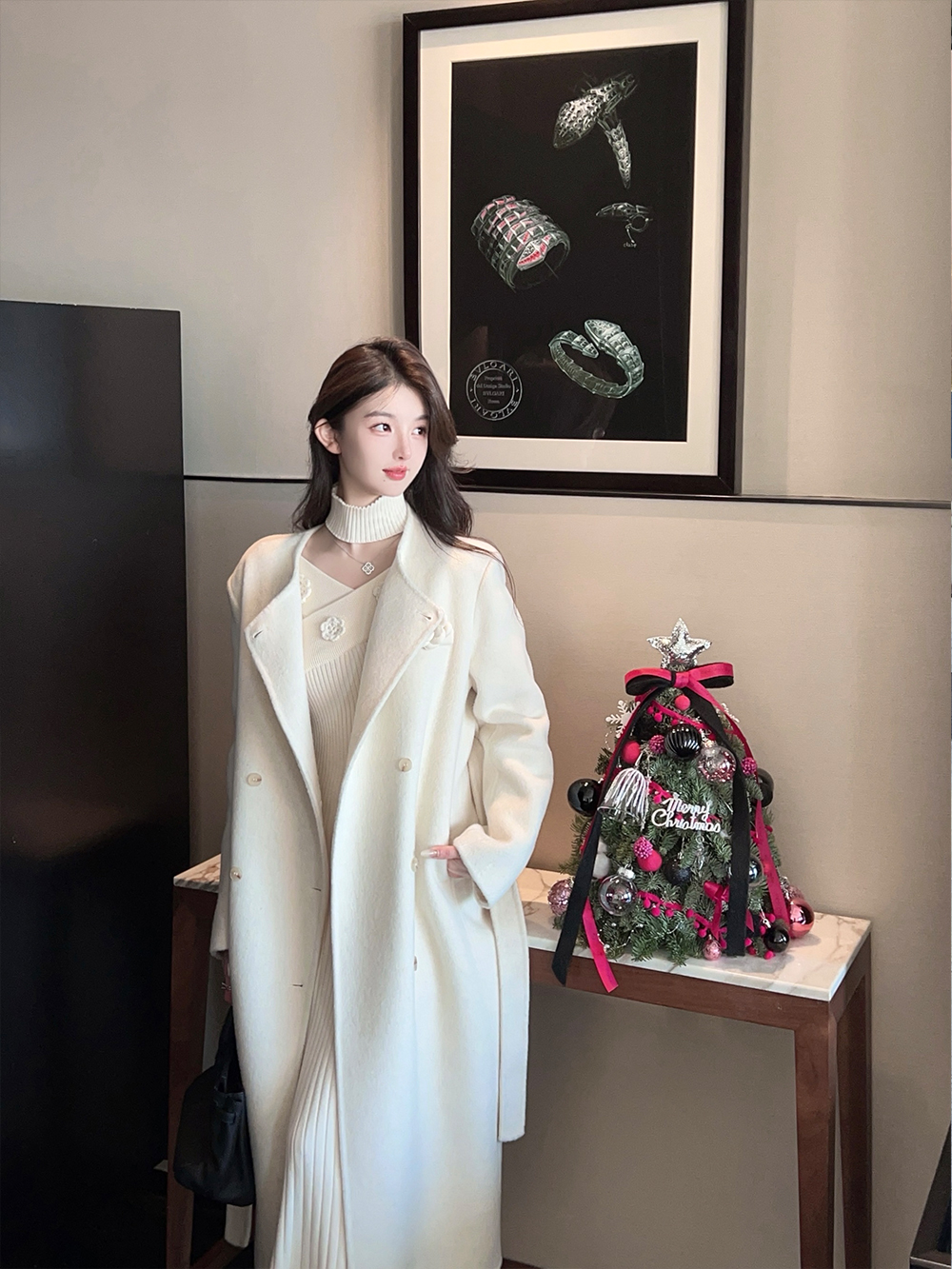 White Double-Sided Wool Cashmere Long Coat for Women with Scarf – Elegant Winter Outerwear, Chic Layering Piece, Perfect for Cold Weather White Double-Sided Wool Cashmere Long Coat for Women with Scarf – Elegant Winter Outerwear, Chic Layering Piece, Perfect for Cold Weather